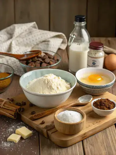 Ingredients for cowboy cookies displayed on a rustic kitchen table, including flour, sugar, butter, and chocolate chips.
