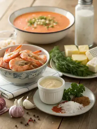 Ingredients for Crab and Shrimp Seafood Bisque displayed on a kitchen table, including crab meat, shrimp, butter, onion, garlic, stock, cream substitute, paprika, and fresh herbs.