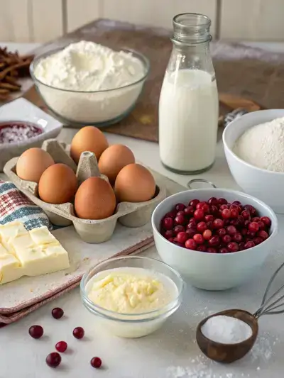 Ingredients for Cranberry Cream Cheese Muffins arranged on a kitchen table, including flour, sugar, cranberries, cream cheese, eggs, milk, butter, and vanilla extract.