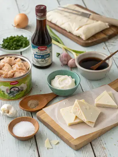 Ingredients for Cream Cheese Wontons displayed on a wooden kitchen table.