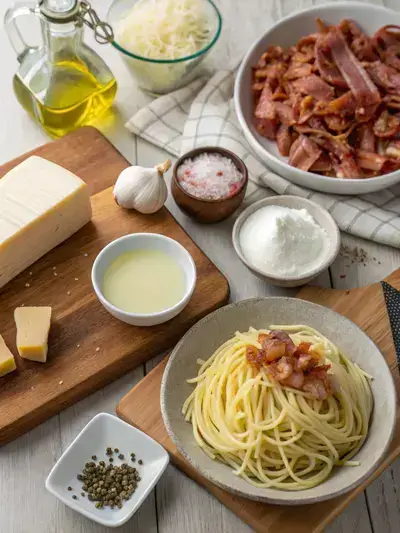 Ingredients for Creamy Bacon Spaghetti arranged on a kitchen table, including olive oil, onion, garlic, milk, cream of chicken soup, cream cheese, spices, uncooked spaghetti, shredded cheeses, crumbled bacon, and fresh parsley.