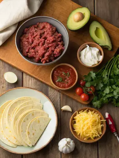 Ingredients for Flat Ground Beef Enchiladas displayed on a wooden table, including ground beef, tortillas, cheese, and fresh vegetables.