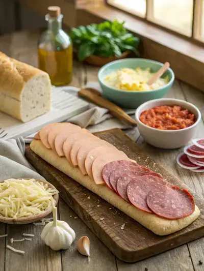 Ingredients for Italian Stromboli displayed on a rustic kitchen table, including pizza crust, ham, salami, pepperoni, cheese, garlic, and butter.