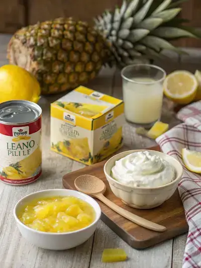 Ingredients for lemon fluff recipe displayed on a kitchen table, including pineapple, whipped topping, lemon jello, boiling water, and cream cheese.