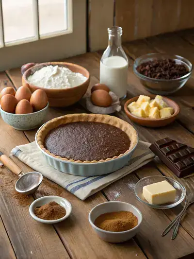 Ingredients for Old Fashioned Chocolate Pie displayed on a rustic kitchen table.