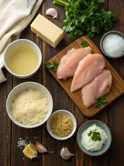 Fresh ingredients for Parmesan Crusted Chicken displayed on a rustic wooden table.
