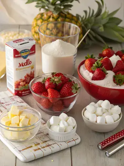 Ingredients for Strawberry Fluff displayed on a kitchen table, including pudding mix, jello mix, fresh strawberries, and whipped topping.