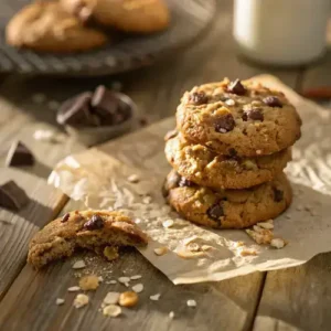 Stack of cowboy cookies with visible oats, pecans, and coconut flakes, illuminated by warm sunlight.