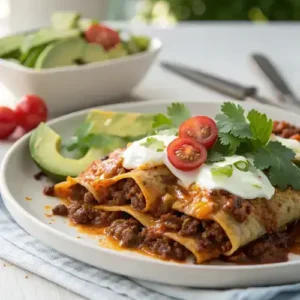 Plate of flat ground beef enchiladas garnished with cilantro, served with avocado and enchilada sauce in the background.