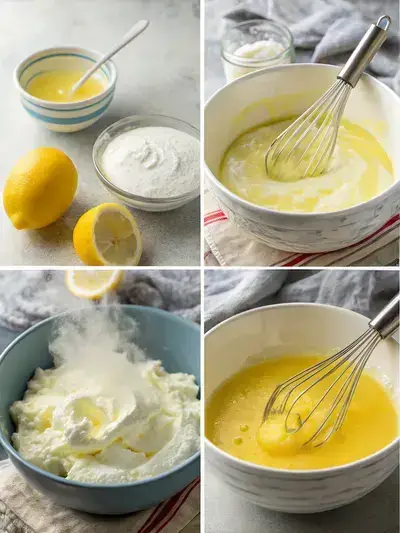 Step-by-step process of making lemon fluff dessert, showcasing the ingredients and mixing techniques.