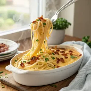 Silver tongs lifting a portion of creamy spaghetti bake with cheese and bacon.