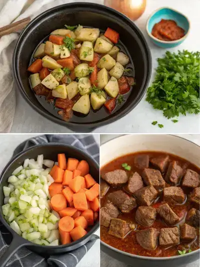 Step-by-step preparation of Slow Cooker Beef Stew, featuring browned beef, sautéed vegetables, and the final dish garnished with parsley.