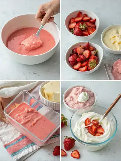 Step-by-step preparation of Strawberry Fluff dessert, showcasing the mixing of ingredients in a bright kitchen setting.