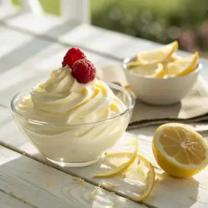 Lemon fluff dessert with whipped topping and fresh raspberries, captured in natural sunlight.