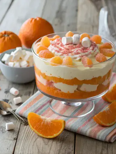 Colorful Orange Creamsicle Salad in a glass bowl with mandarin oranges and mini marshmallows