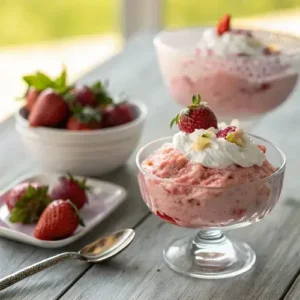 Strawberry Fluff dessert served in a bowl, highlighting its fluffy texture and vibrant colors.