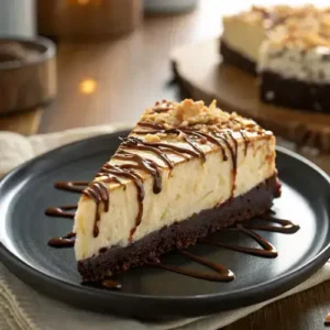 Detailed close-up of Samoa cheesecake with caramel and chocolate sauce on a dark plate.