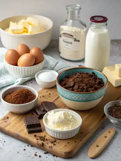 Ingredients for Samoa Cheesecake arranged on a kitchen table, including cookie crumbs, cream cheese, and caramel sauce.