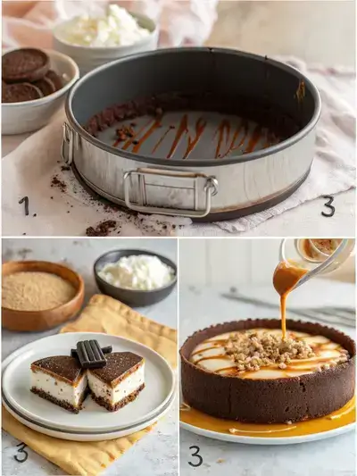 Three-part image showing the preparation of Samoa cheesecake, including the crust, filling, and finished dessert.