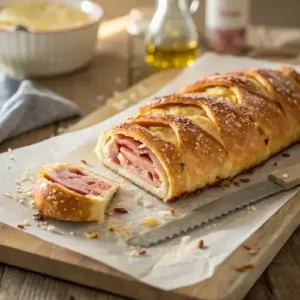 Braided Italian Stromboli with cheese and ham, accompanied by a serrated knife on a rustic wooden table.