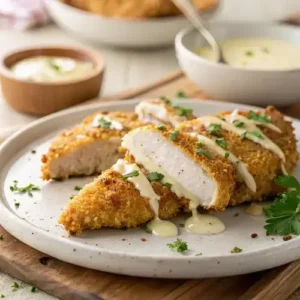 Golden Parmesan crusted chicken slices drizzled with sauce on a rustic wooden table.