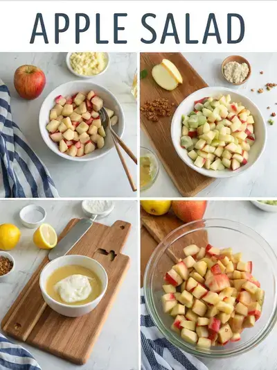 Step-by-step preparation of APPLE SALAD with cubed apples, lemon juice, creamy dressing, and mixed ingredients in a bowl.