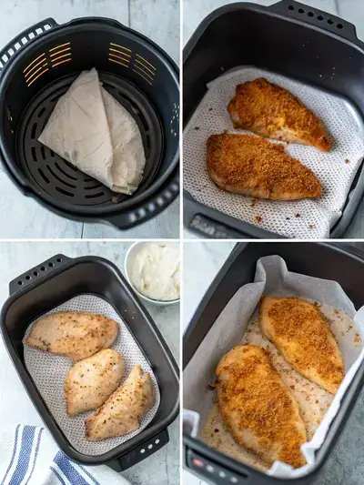 Step-by-step preparation of Air Fryer Chicken Breast, showcasing preheating, seasoning, and cooking process.