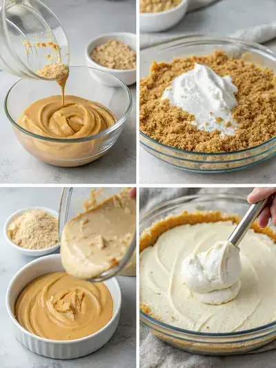 Step-by-step process of making Amish Peanut Butter Cream Pie, showcasing mixing ingredients and filling the crust.