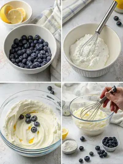 Step-by-step preparation of blueberry fluff dessert, showcasing mixing and folding techniques with fresh ingredients.