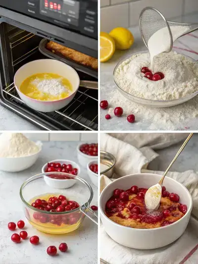 Four-step process of making Cherry Cobbler, showcasing preheating the oven, preparing cherry filling, making the topping, and assembling the cobbler.