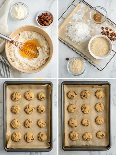 Step-by-step process of making cowboy cookies, showcasing ingredients and preparation stages.