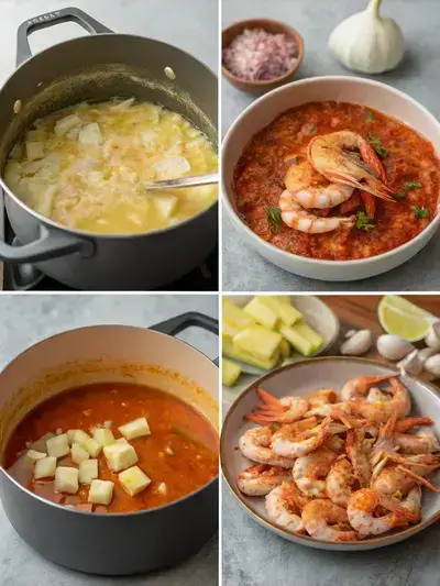 A step-by-step visual guide to making Crab and Shrimp Seafood Bisque, showcasing the cooking process in four sections.