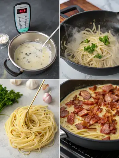 Step-by-step preparation of Creamy Bacon Spaghetti, featuring preheating oven, boiling spaghetti, sautéing onions and garlic, and a baking dish with creamy spaghetti topped with cheese and bacon.