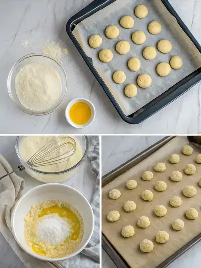 Step-by-step process of making 3-Ingredient Butter Cookies, divided into four sections showing preheating the oven, creaming butter and sugar, mixing in flour, and shaping the cookies.