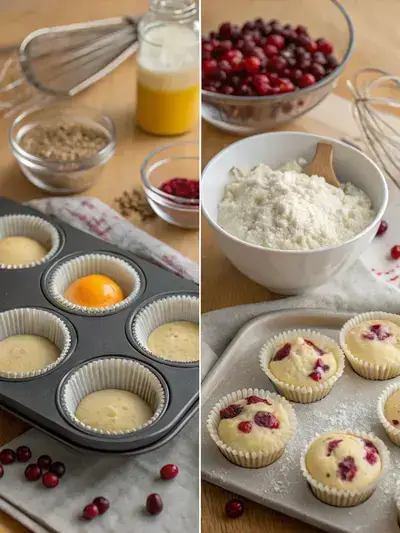 A step-by-step visual guide to making Cranberry Cream Cheese Muffins, featuring ingredients and mixing processes in a cozy kitchen setting.