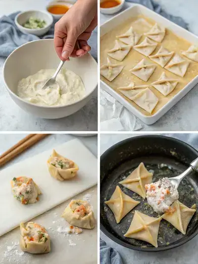 Four-step process of making Cream Cheese Wontons, including mixing ingredients, filling wrappers, folding, and frying.