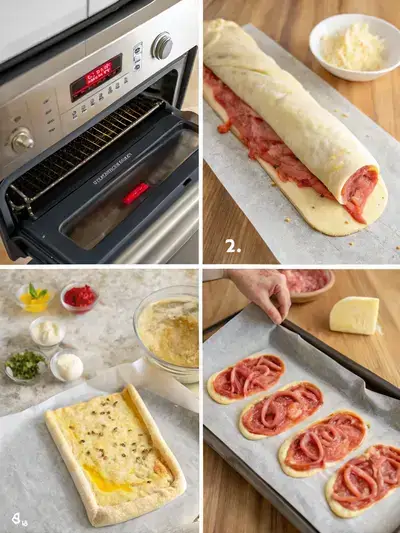 Step-by-step preparation of Italian Stromboli, showcasing preheating the oven, rolling out pizza crust, preparing garlic butter, and layering fillings.