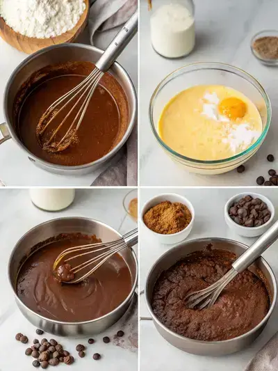 Step-by-step process of making Old Fashioned Chocolate Pie, divided into four sections showing whisking dry ingredients, adding milk, cooking the mixture, and beating egg yolks.