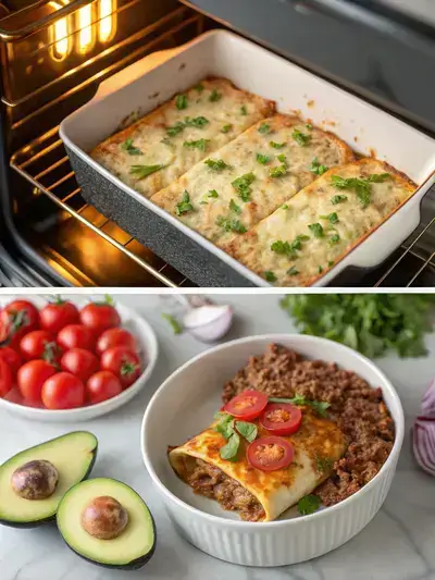 Three-part image showing the process of making Flat Ground Beef Enchiladas, including preheating the oven, sautéing onions and garlic, and assembling the enchiladas with toppings.