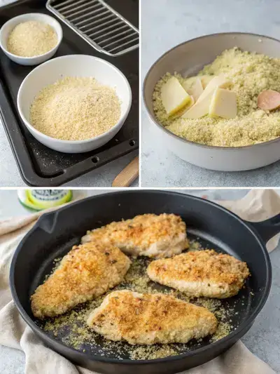 A step-by-step visual guide to preparing Parmesan Crusted Chicken, featuring an oven, a bowl of Parmesan mixture, chicken being dredged, and a skillet with searing chicken.