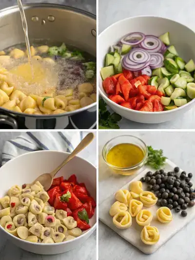 A step-by-step visual guide to making tortellini pasta salad, showcasing cooking, combining ingredients, making dressing, and tossing the salad.