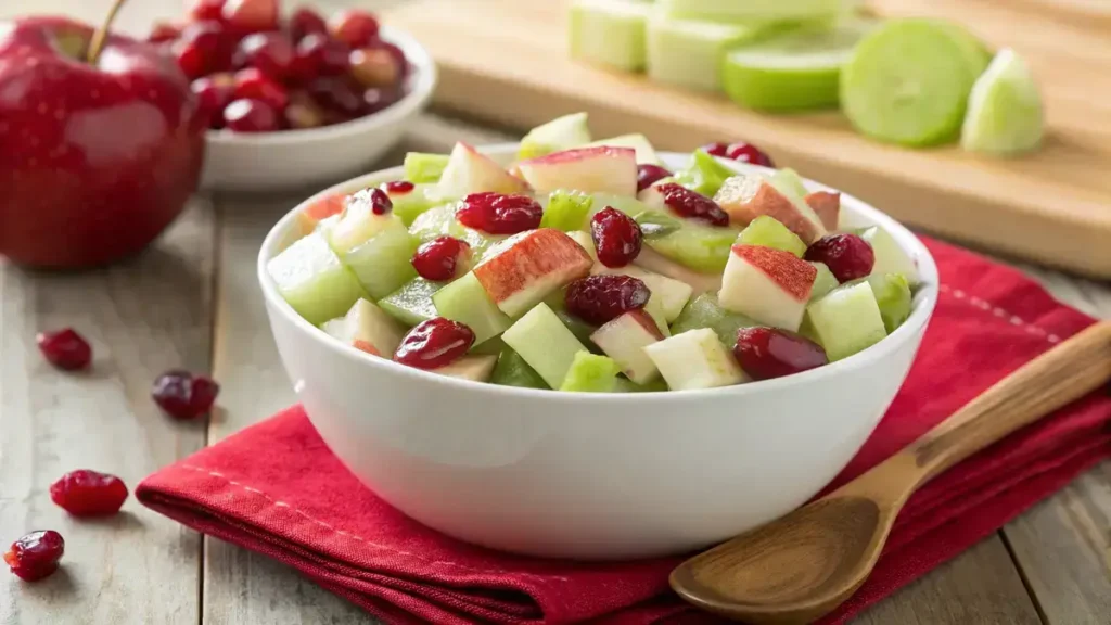 Close-up of a colorful apple salad with honeycrisp apples, grapes, celery, pecans, and cranberries in a white bowl.