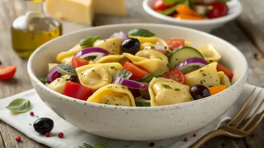 Close-up of a bowl of tortellini pasta salad featuring glossy cheese-filled tortellini, diced red bell pepper, cucumber slices, black olives, onion bits, and orange cheese cubes on a rustic wooden table.