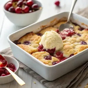 A square ceramic dish filled with cherry cobbler, topped with a buttery crust and served with ice cream, on a gray stone countertop.