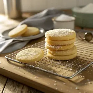 Stack of round butter cookies with sugar crystals on a cooling rack, illuminated by soft natural light.