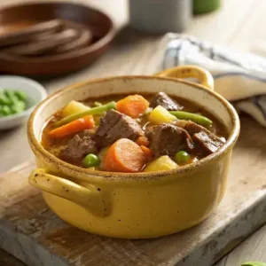 Rustic yellow ceramic pot with steam rising from Slow Cooker Beef Stew, set on a wooden table.