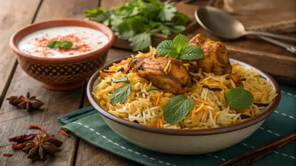 Delicious biryani served in a traditional bowl with garnishes.