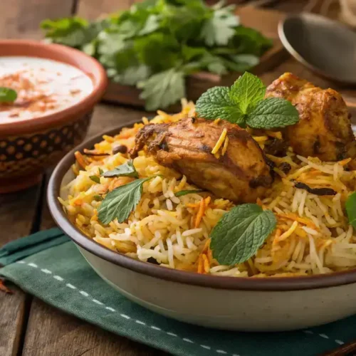 Delicious biryani served in a traditional bowl with garnishes.