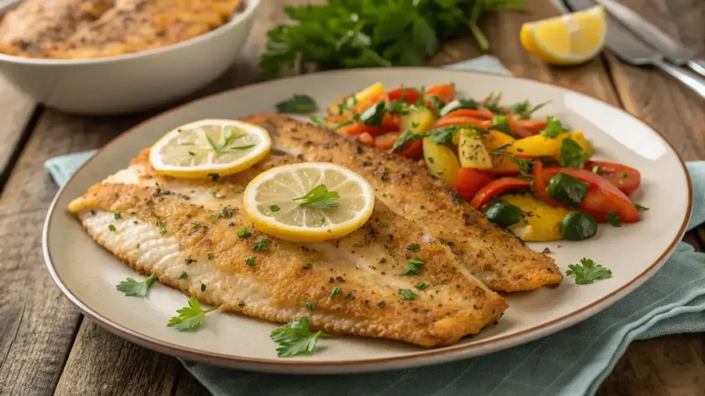 Delicious Air Fryer Flounder fillets garnished with lemon and parsley on a wooden table.