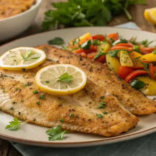 Delicious Air Fryer Flounder fillets garnished with lemon and parsley on a wooden table.
